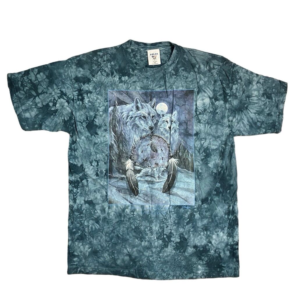 Vintage Wolf Dreamcatcher Polar T-Shirt Womens Blue Tie-Dye Moon Y2K‎ Nature XL